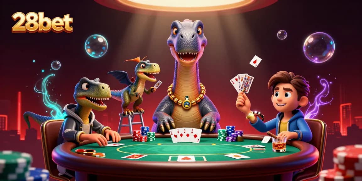 Engage in 28bet's thrilling poker action with a vivid 3D cartoon illustration of a dinosaur dealer in a casino.