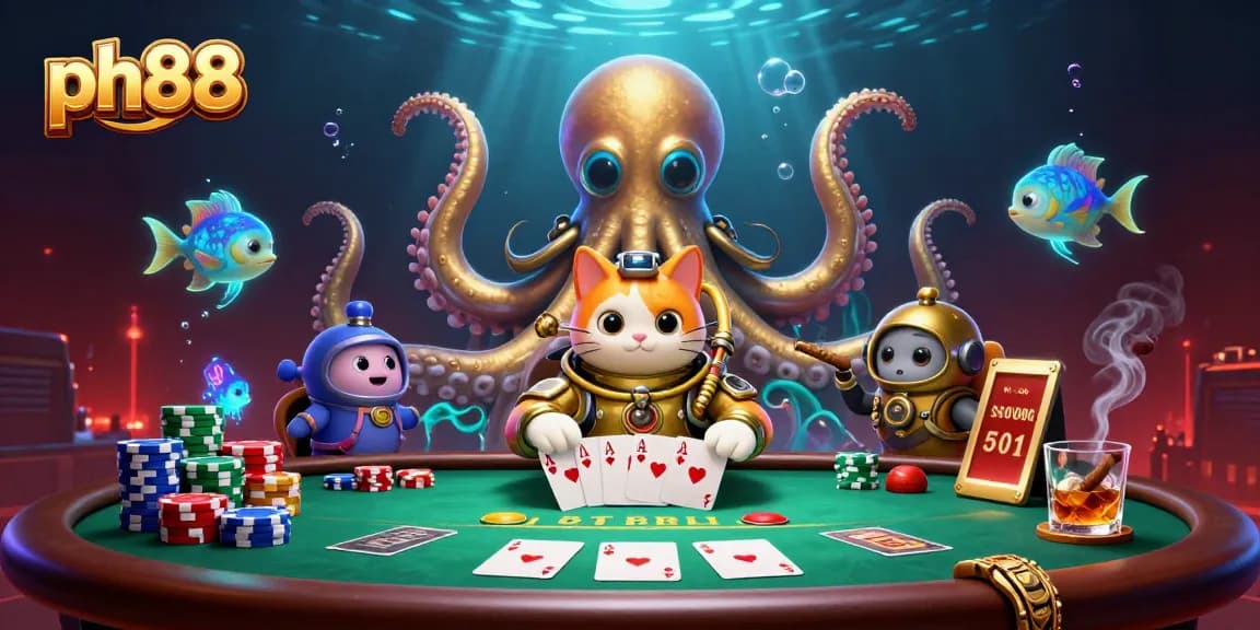Engage with ph88's immersive casino world featuring a kraken and diving cat in a vibrant 3D scene