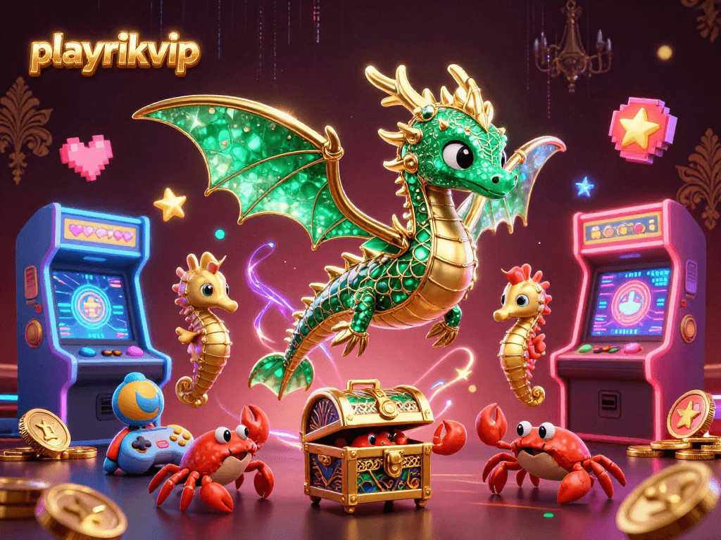 Experience the excitement of playrikvip with a vibrant, 3D gaming adventure illustration.