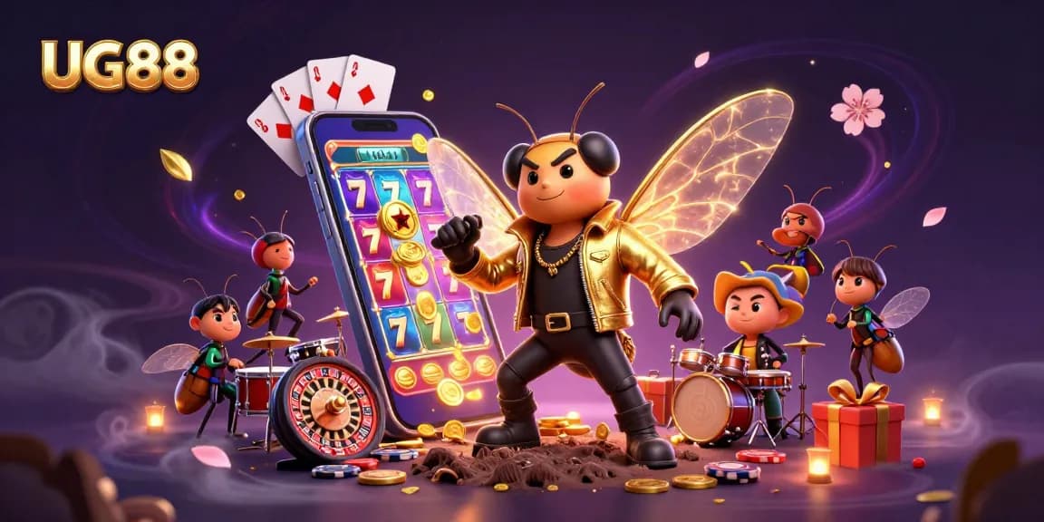 UG88 captivates with a rock star cicada amid dazzling slot games and golden coins.