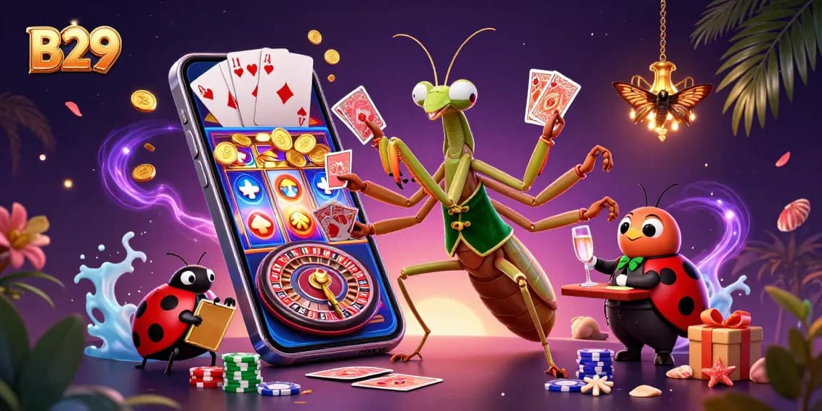 B29 brings excitement with a praying mantis dealing cards and a ladybug overseeing lively gameplay.