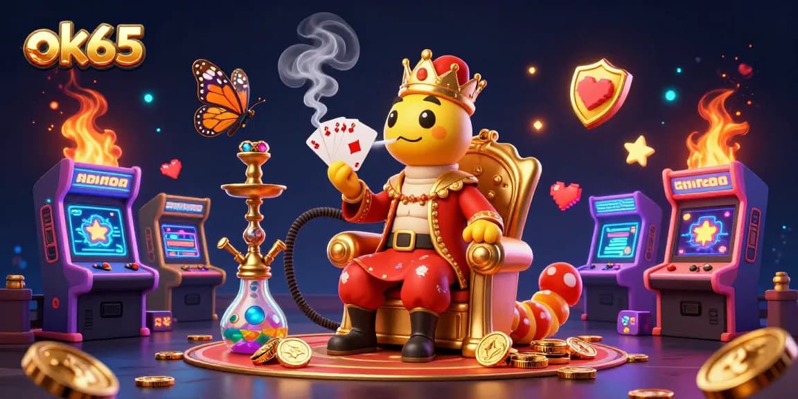 Engage in exciting casino gameplay with ok65, featuring a vibrant illustration of gaming elements and characters.
