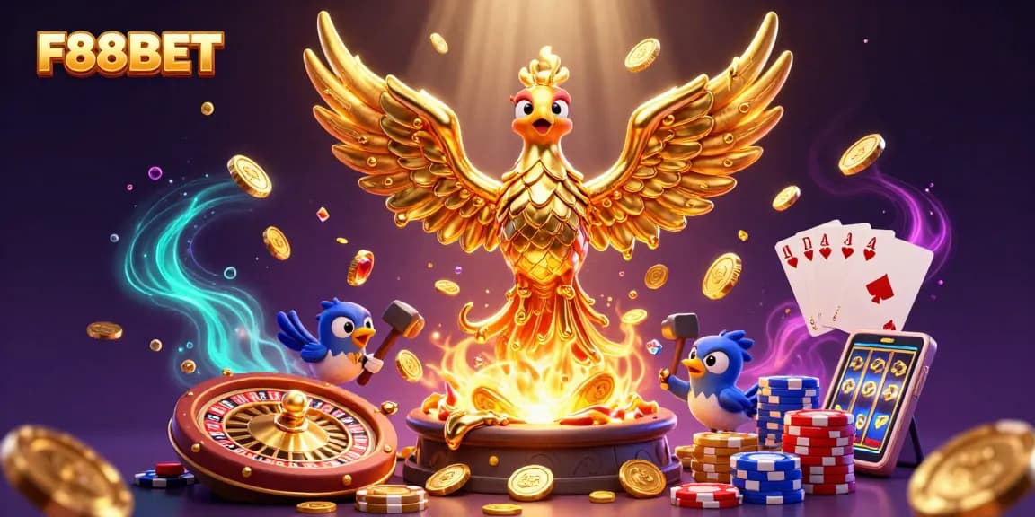 Experience thrilling moments at F88BET with an intricate 3D casino scene full of gold and excitement.
