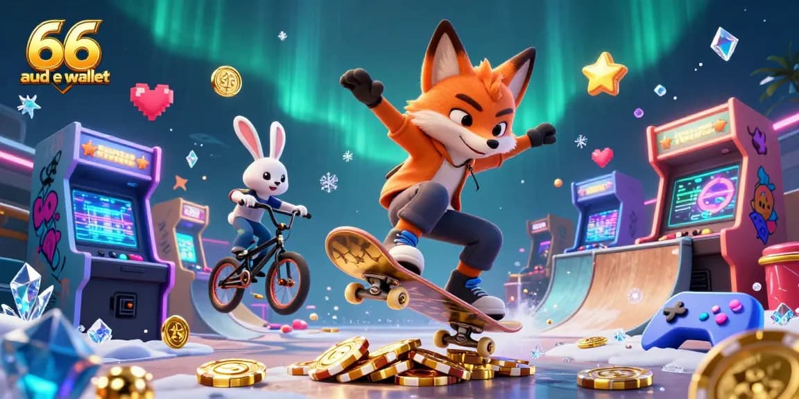 Spin to win with 66 aud e wallet promotions featuring vibrant characters and casino elements.