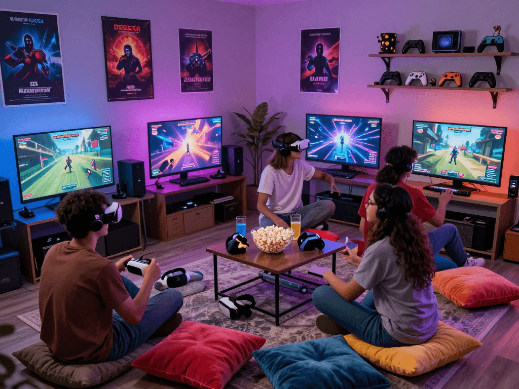 Exciting gameplay experience with friends playing porn games in a lively gaming space.