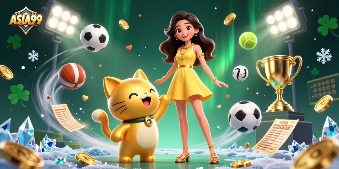 Engage with ASIA99 for thrilling bets, featuring a cheerful Asian woman and lucky cat.