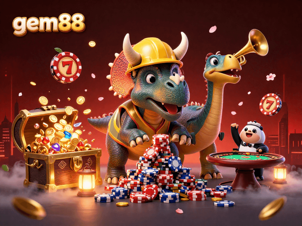 gem88 elevates the thrill of winning with a triceratops constructing poker chip towers amidst exciting casino elements.