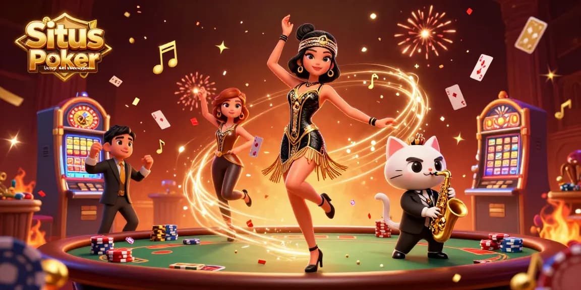 Situs Poker Uang Asli Dewapoker showcases a vibrant casino scene with poker elements, inviting players to join the excitement.