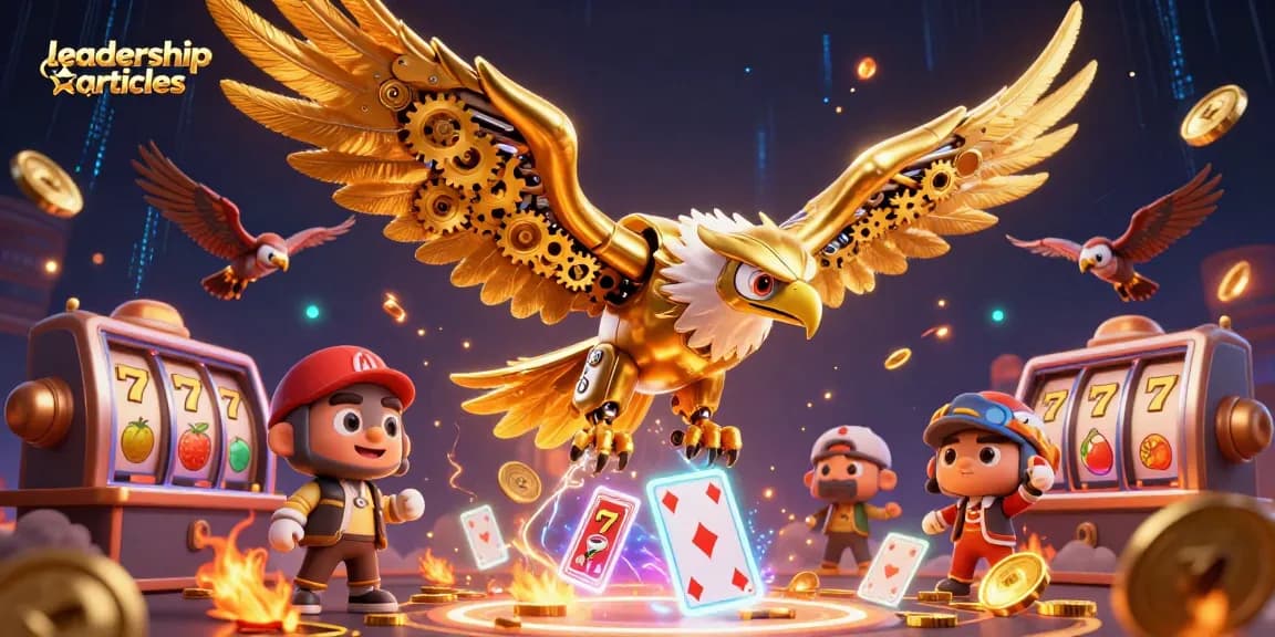 Engage with leadership articles through captivating casino visuals, featuring a cybernetic eagle.