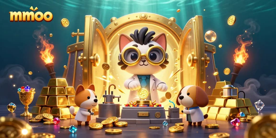 Join the fun at mmoo with vibrant casino elements featuring a mad scientist cat and dog in a treasure lab.