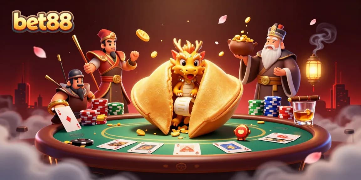 Bet88 players enjoy action-packed gambling with poker chips and a fortune cookie dragon.