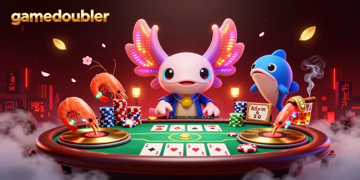 Engage in thrilling poker excitement at gamedoubler with vibrant casino elements and neon characters.