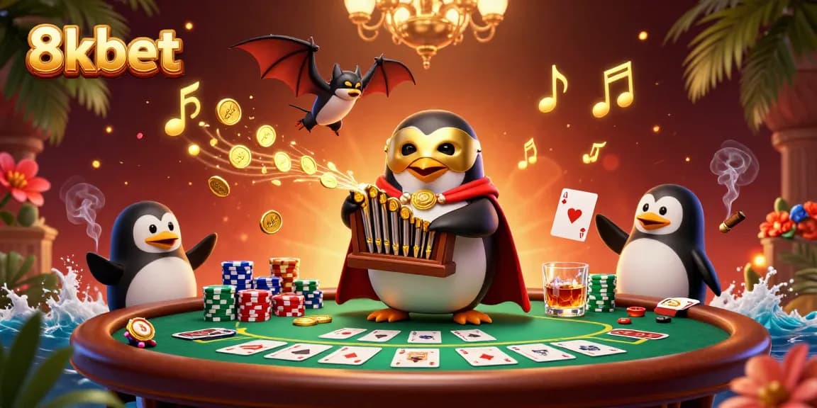 Experience thrilling gambling at 8xbet with a vibrant casino scene featuring penguins and poker elements.
