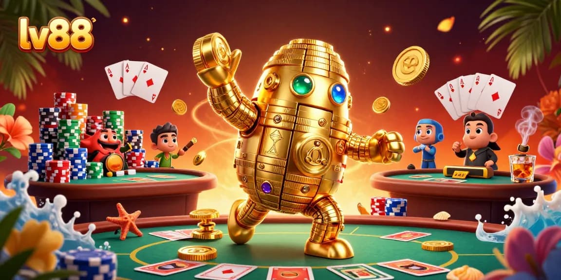 Experience the thrill of lv88 casino games with a vibrant 3D golden golem surrounded by poker elements.