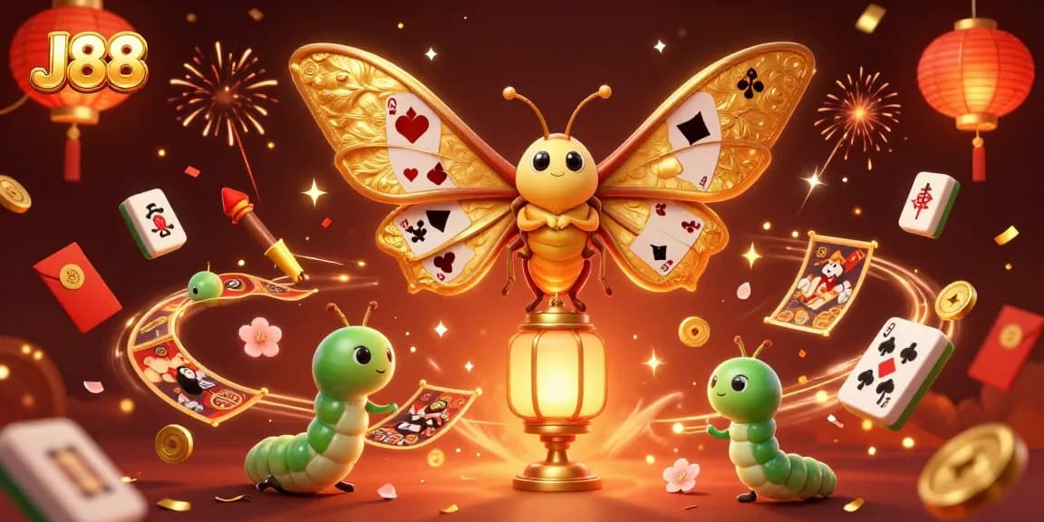 Experience J88 with vibrant casino scenes showcased by a 3D moth spreading excitement in the gambling world.