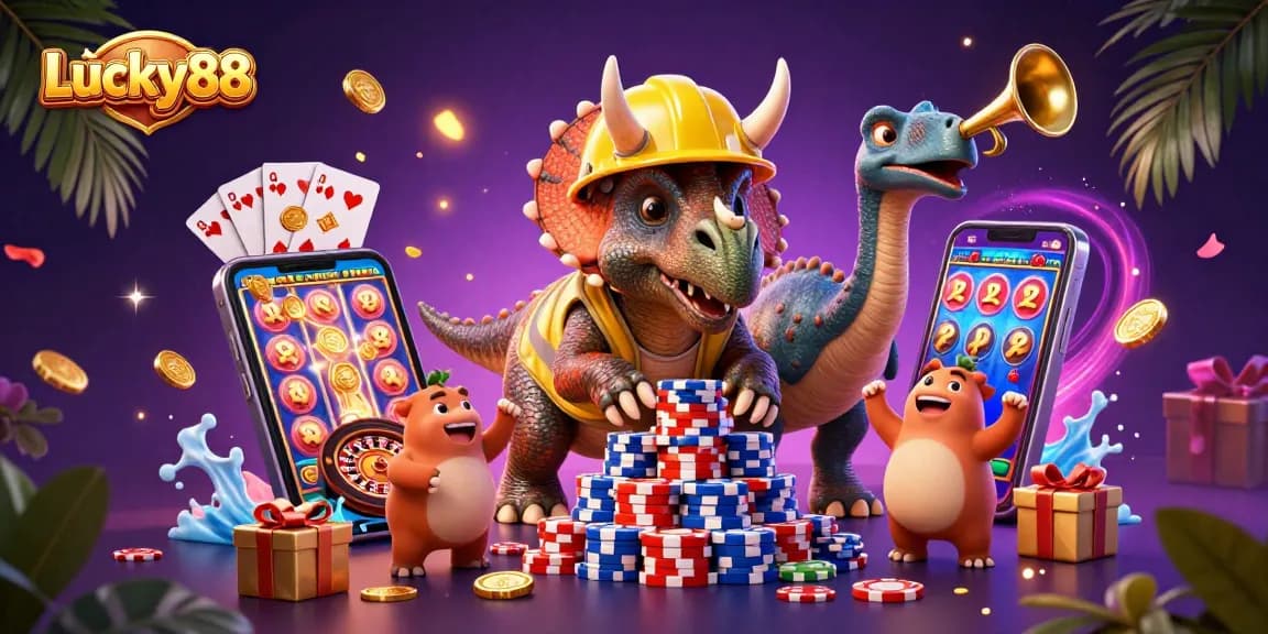 Experience the thrill of Lucky88 with vibrant slot game action and playful dinosaur characters!
