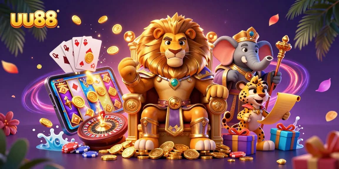 Experience thrilling gaming at uu88 with a majestic lion king and vibrant casino elements.