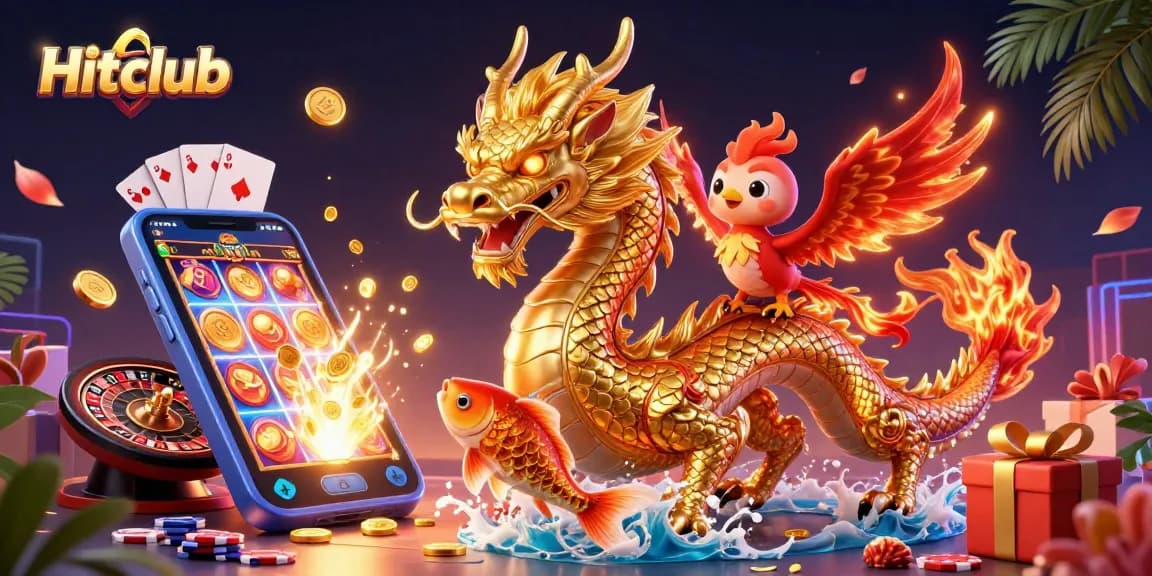 Play thrilling games at Hitclub with vibrant 3D illustrations of dragons, phoenixes, and vibrant casino elements.