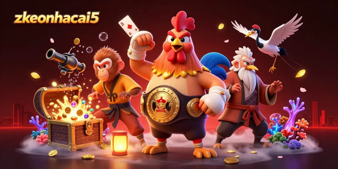 Engage with zkeonhacai5 in this vibrant scene featuring a Muay Thai rooster, Shaolin monkey, and crane master.