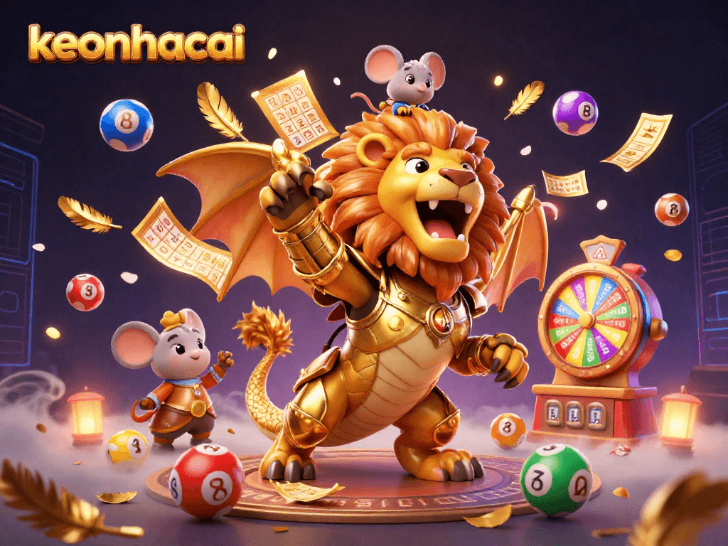 Engage in keonhacai gaming with a dynamic scene of a chimera, vibrant lottery elements, and excitement.