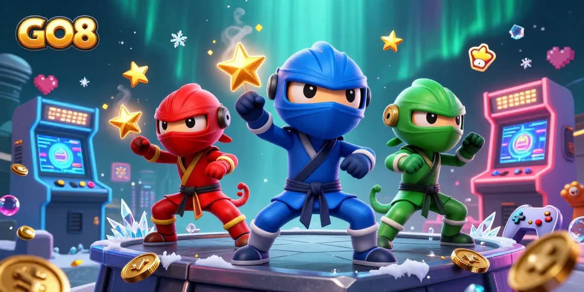 GO8 ninja chameleons performing martial arts on a rooftop, surrounded by arcade and casino elements