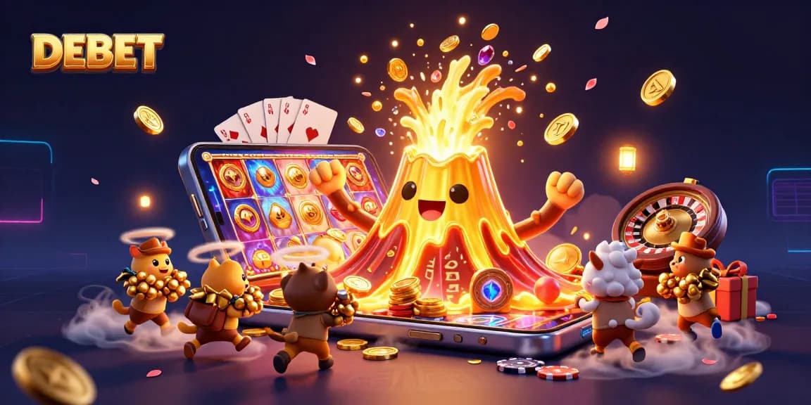 Experience thrilling rewards with DEBET's dynamic 3D illustration showcasing vibrant slot games and treasures.