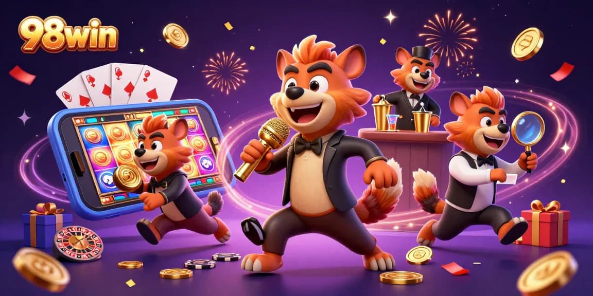 A dynamic scene of hyenas in a comedy casino club, showcasing 98win's vibrant gaming atmosphere.