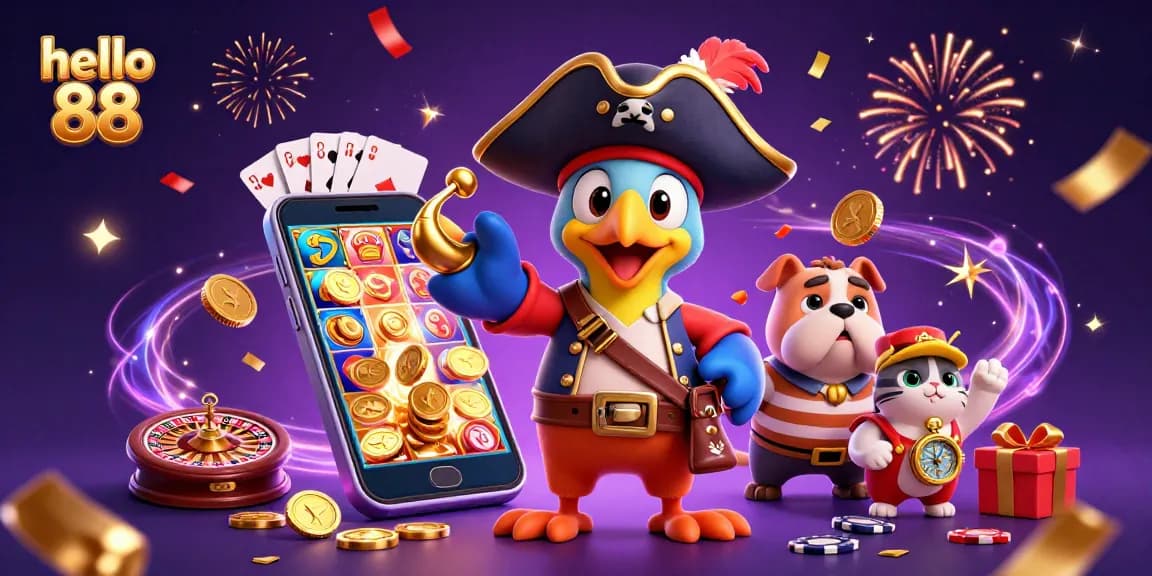 Experience thrilling gaming action at hello 88 with a pirate-themed slot adventure illustration.