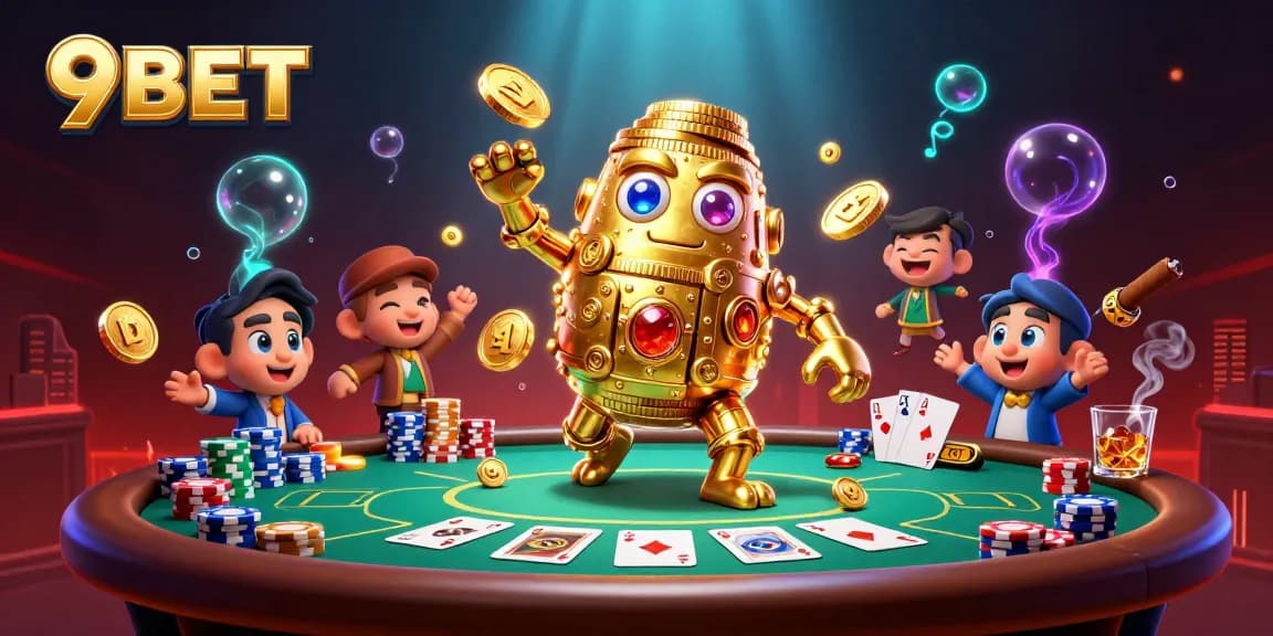 Engage with 9BET’s thrilling gaming experience through a dynamic casino scene showcasing a golden golem and poker elements.