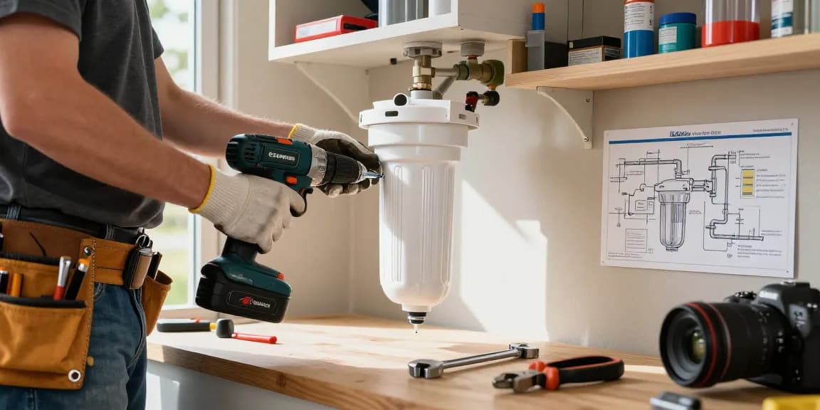 Installing Waterdrop Spin Down Sediment Filter Bracket in a garage, showcasing DIY plumbing.