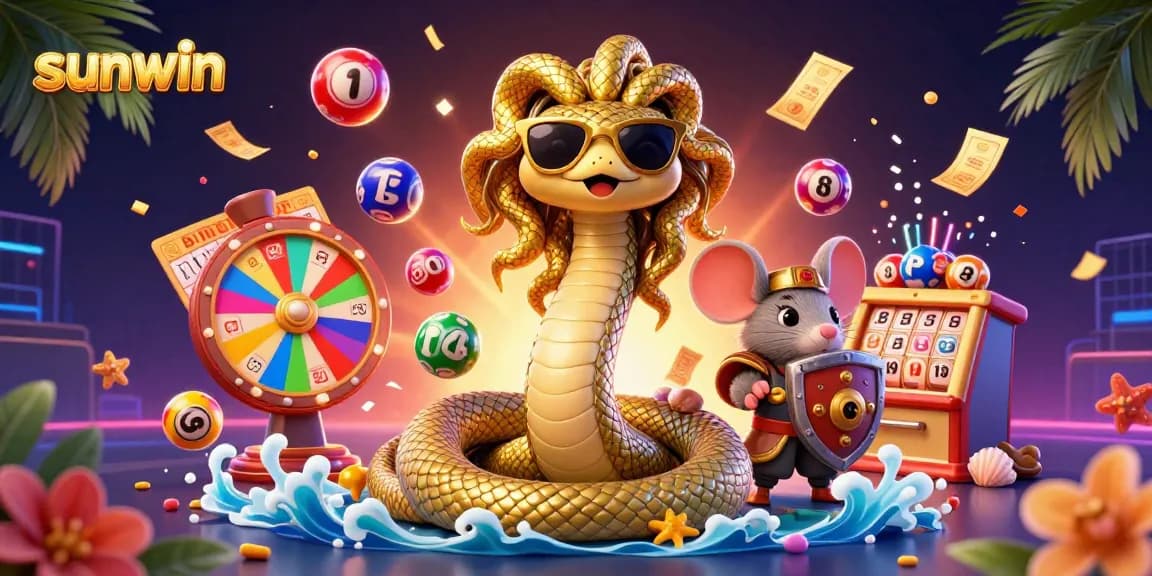 Experience the thrill of casino fun with sunwin in a dynamic illustration featuring lottery elements and friendly characters.