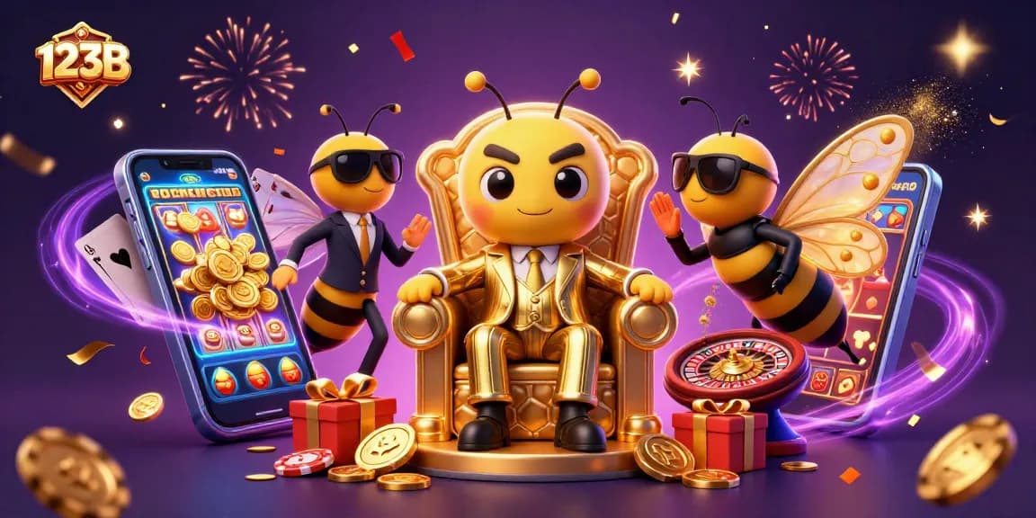 Win exciting bonuses at 123B with vibrant slot games and casino elements in a dynamic illustration.
