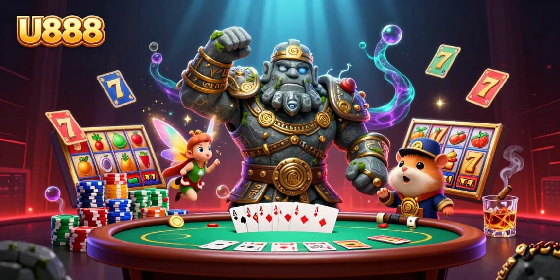 Spin and win at U888 with the vibrant golem guardian and mystical fairy in this exciting casino scene.