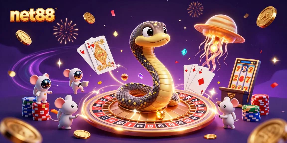 Engage with net88's casino excitement featuring astronaut mice betting on a roulette snake.