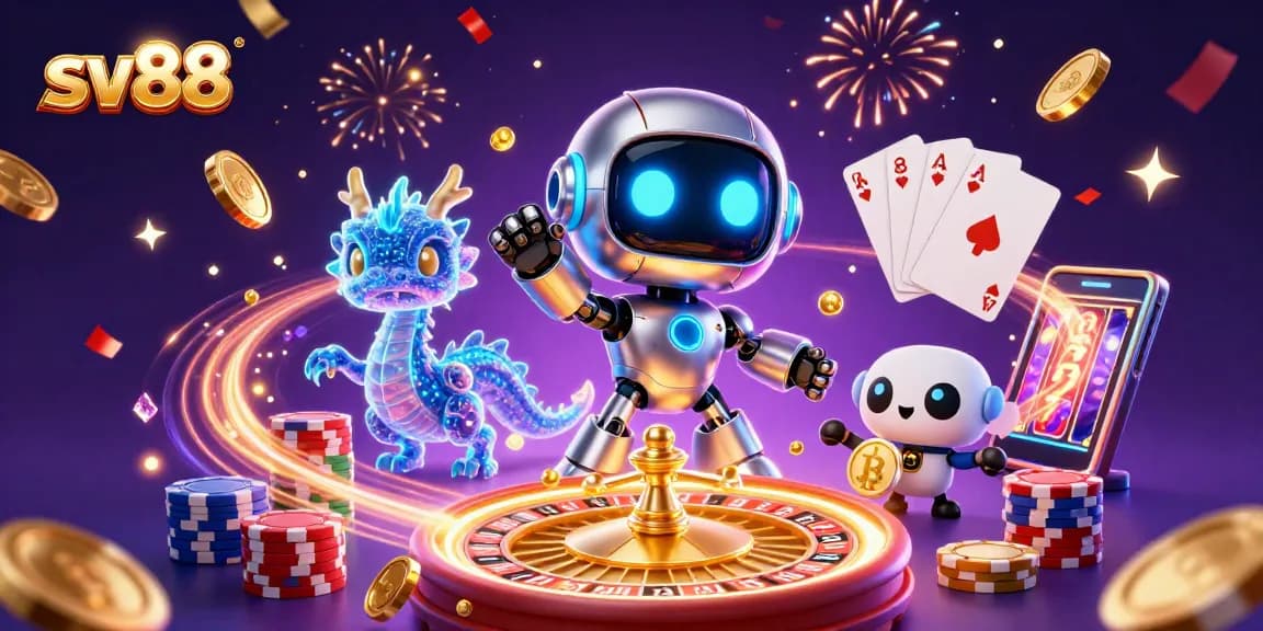 Experience thrilling wins at sv88 with a vibrant 3D casino scene showcasing exciting games and characters.