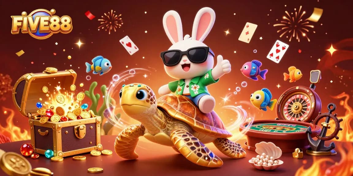 FIVE88 showcases an exciting scene with a lucky rabbit and a golden turtle amidst casino elements.