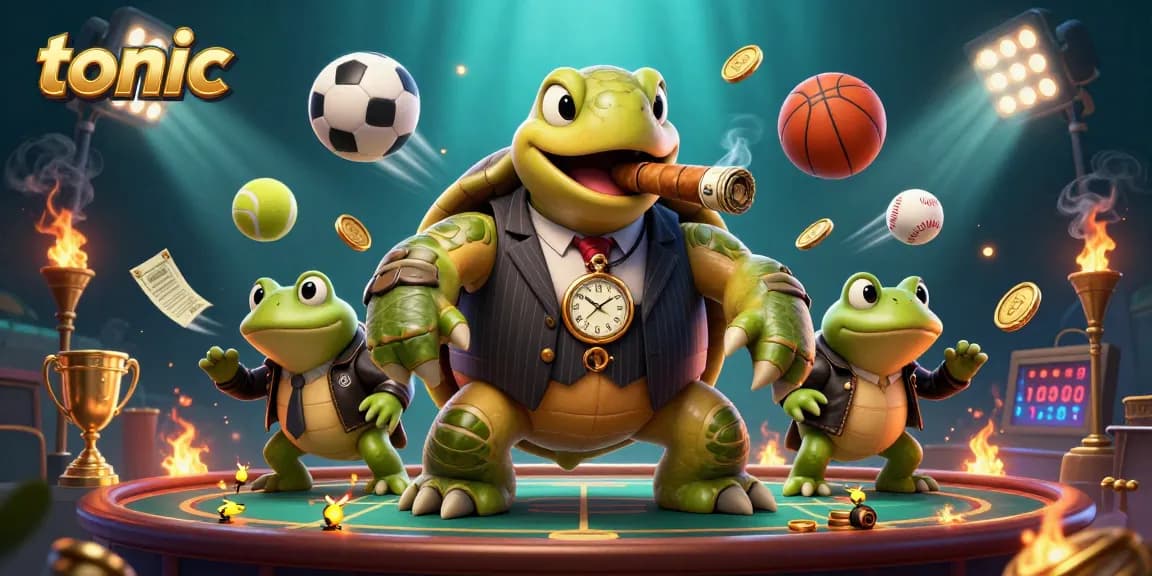 Experience the thrill of winning with tonic at an energetic online casino game featuring a mobster turtle and dynamic sports elements.