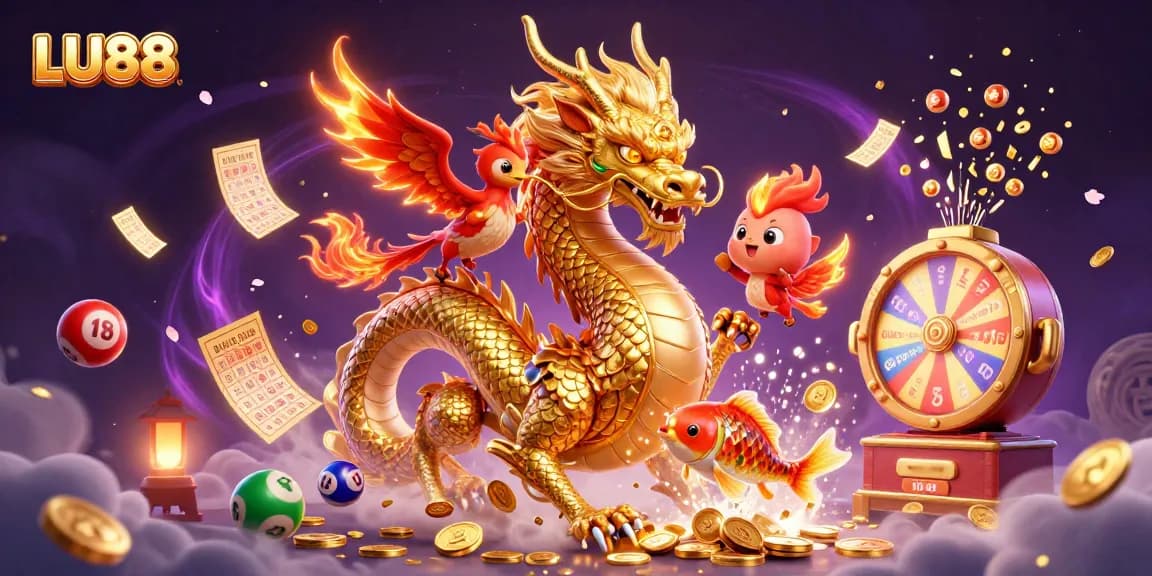 LU88 casino scene featuring a golden dragon, phoenix, and koi fish amidst vibrant lottery elements, ideal for gaming excitement.