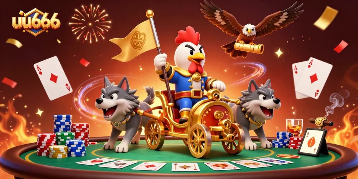 Experience thrilling poker action with uu666, featuring a rooster warlord and casino elements.