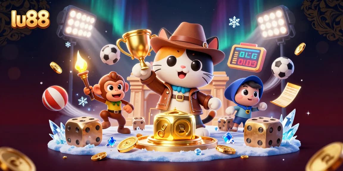 lu88 showcases a vibrant casino scene with an explorer cat discovering treasures amidst dynamic sports elements and ancient traps.