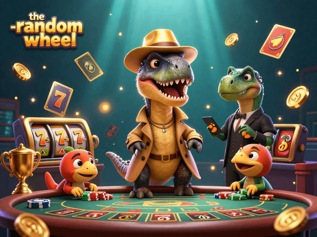 The-random-wheel showcases a velociraptor card counter and stegosaurus pit boss amid exciting casino games.