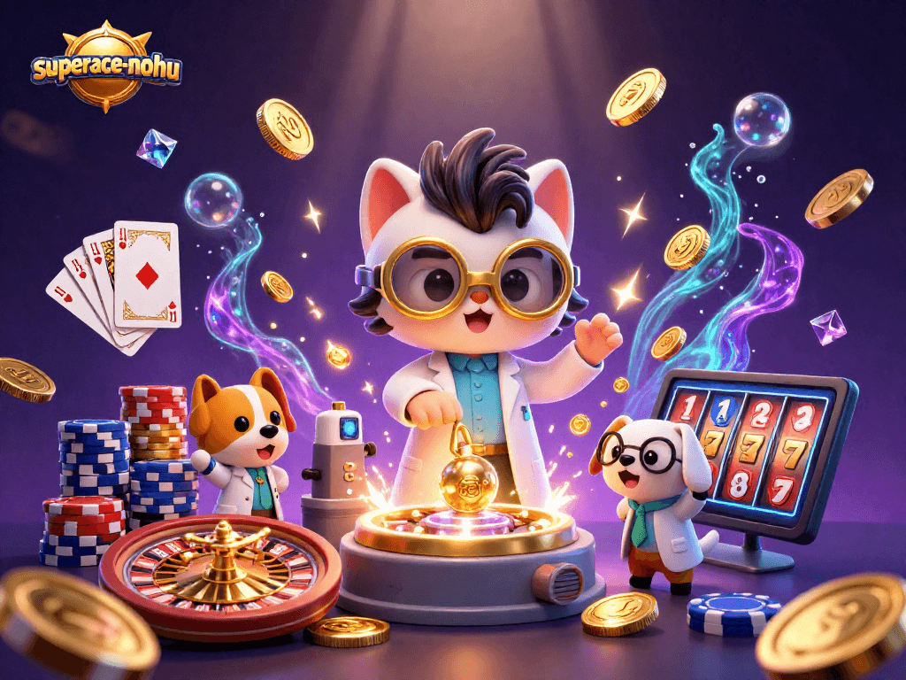 Cascading golden coins and sparkling gems fill the scene as superace-nohu's characters vibe in a casino lab