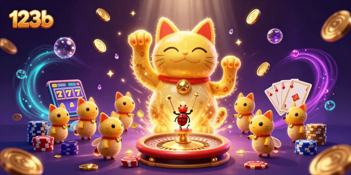 Experience jubilant wins at 123b with a vibrant casino scene featuring golden fireflies and a lucky cat.