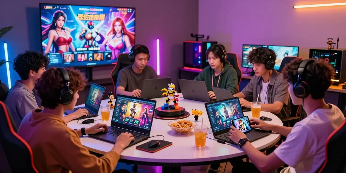 Engaged players enjoying a free hentai game on multiple devices in a colorful gaming atmosphere.
