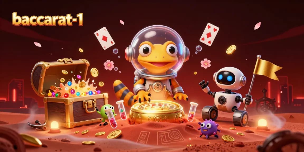 Baccarat-1 showcases an adventurous 3D Martian gecko at a golden casino, engaged in thrilling gameplay.
