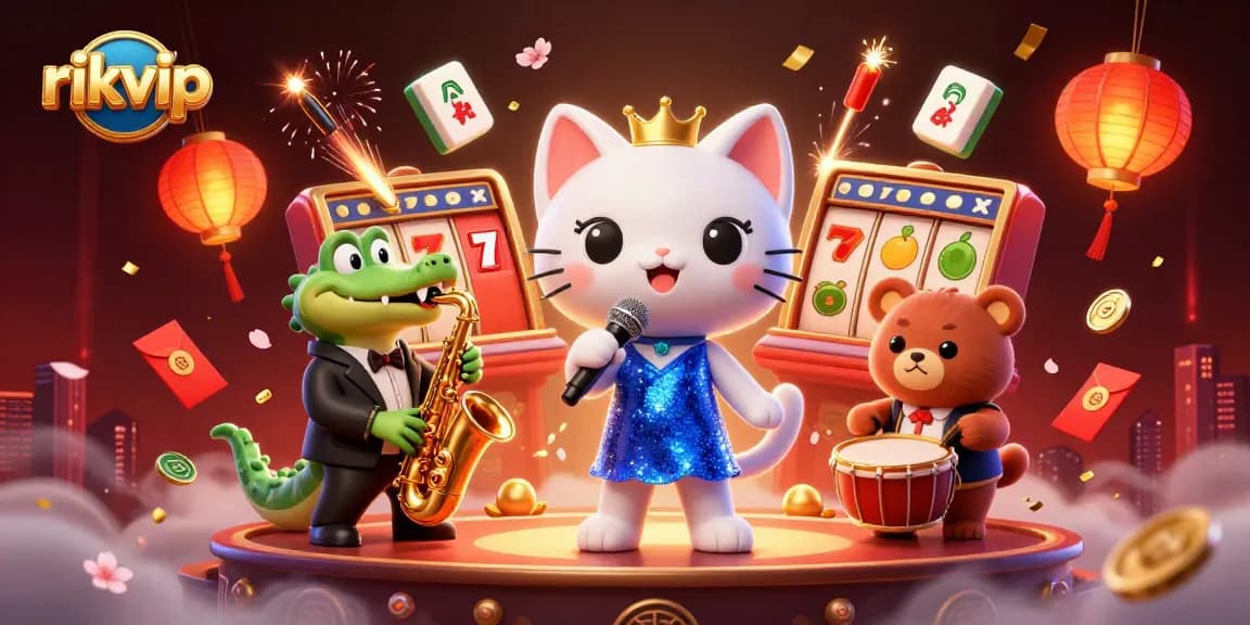 Win big with rikvip featuring lively characters performing in a vibrant casino scene packed with gaming elements.
