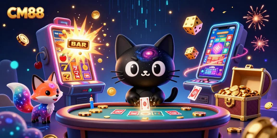 Win big at CM88's cosmic casino with a black hole cat and nebula fox amidst vibrant games.