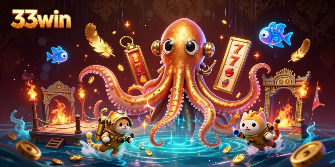 Experience thrilling gameplay with 33win's immersive casino atmosphere featuring a colossal kraken and dynamic characters.