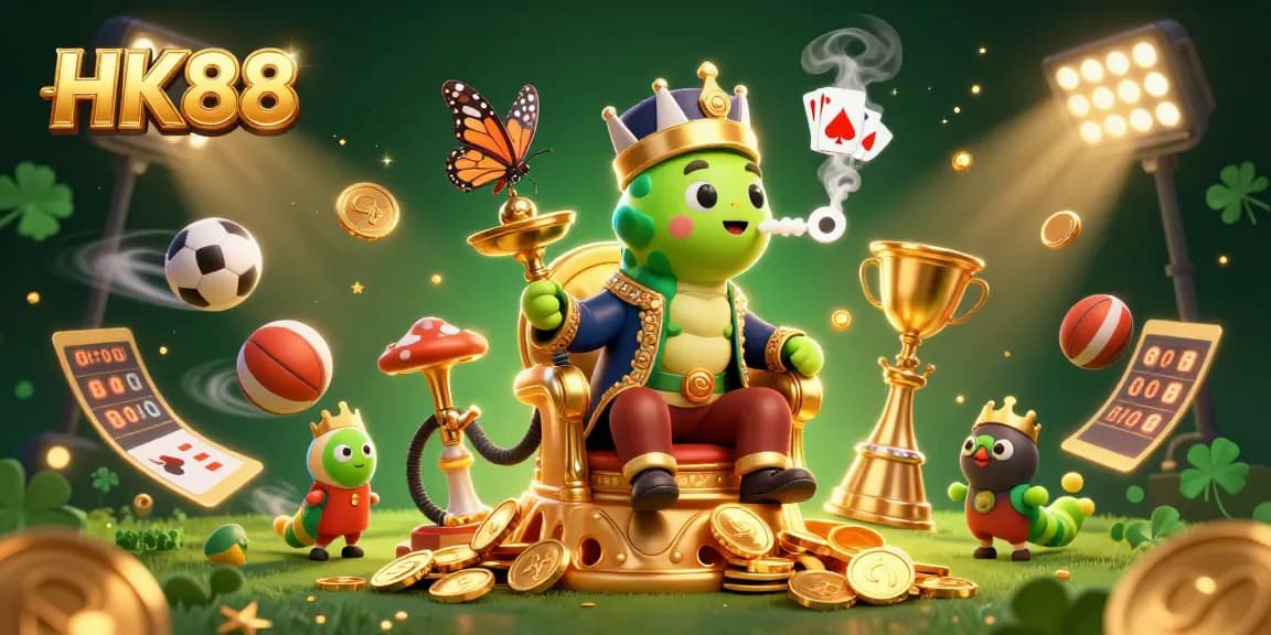 Place bets and win big at HK88, featuring an artistic 3D illustration of a caterpillar in a Turkish outfit amidst sports and casino elements.