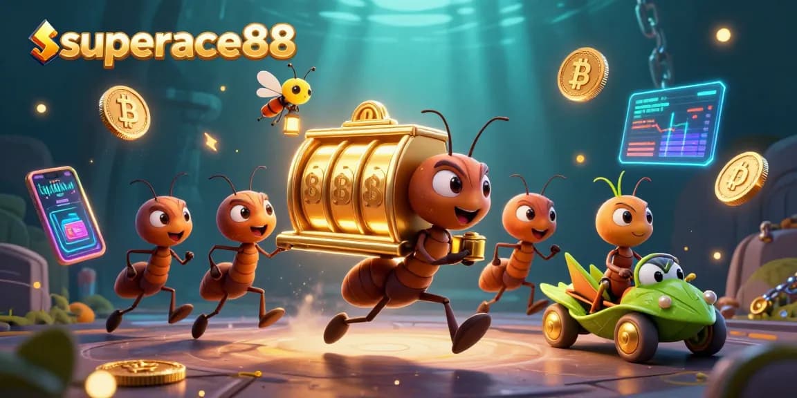 Experience superace88 with a cartoon heist scene featuring ants and golden slot machines.